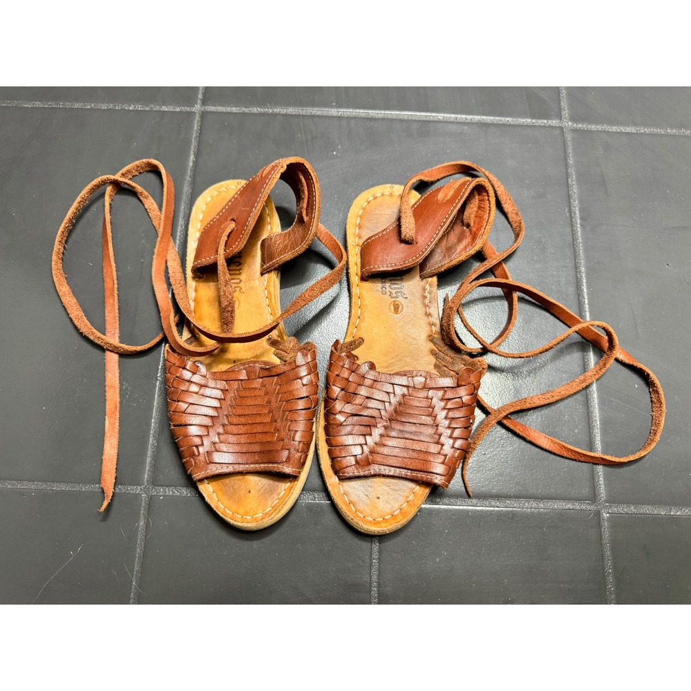 Brown Woven Leather Lace-Up Sandals